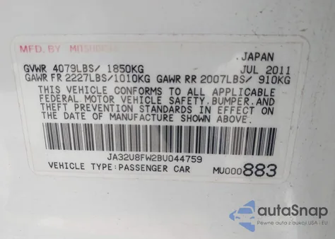 2011 Mitsubishi Lancer Gts from USA, damaged, VIN JA32U8FW2BU044759